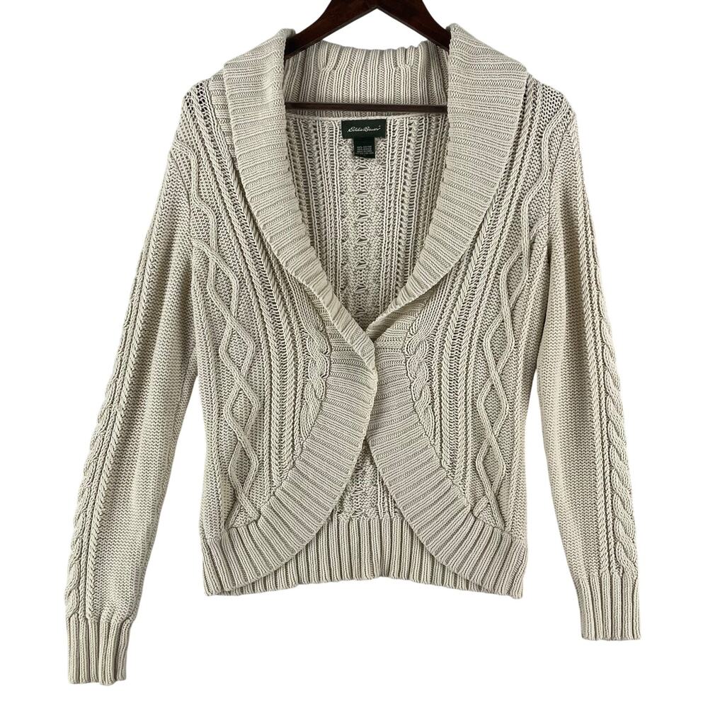 Eddie Bauer Womens Fisherman Cable Knit Shawl Collar Cardigan S Ivory Cotton